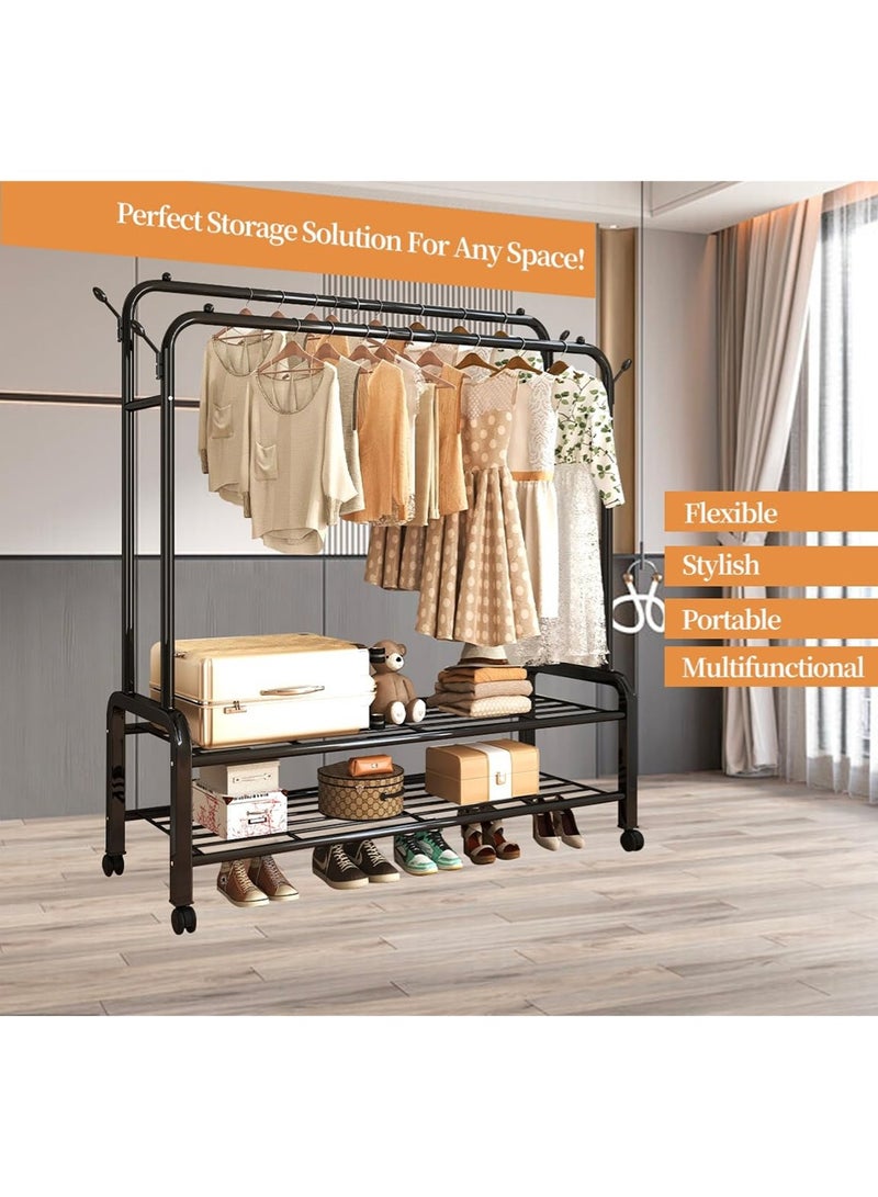 AGD Clothes Dryer and Movable Hanger Rack for Clothes, Hats and Bags, 2 Clothes Hanging Rods and 2 Storage Racks for Bags and Shoes (Black) - Image 3
