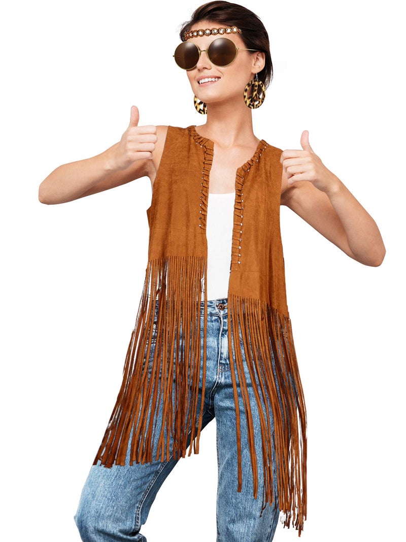 WILLBOND 60s 70s Women Hippie Costume Disco Outfits Fringe Vest Faux Suede Tassel Vest for Halloween(XL) - Image 4