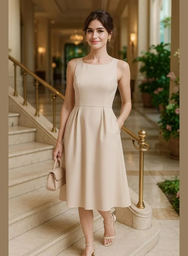 ليلا Lela Crew Neck Regular Fit Pocketed Pleated Midi Dress Women's Dress 6051963