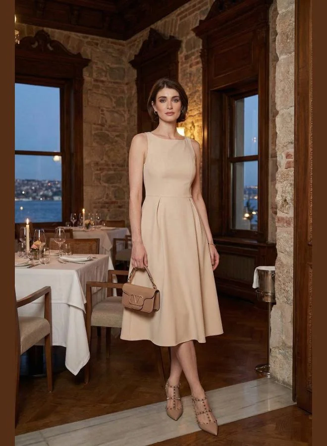 ليلا فستان ميدي بليسيه بياقة دائرية وقصة عادية وجيب للنساء