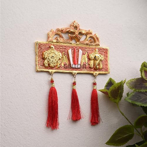 Gellon Tirupati Door/Wall Hanging Shankh Chakra Namah With Red Silk Latkan Copper Color Plating Antique Decorative For Home – Office – Room – Showpiece Figurines – Religious House Warming - Image 2