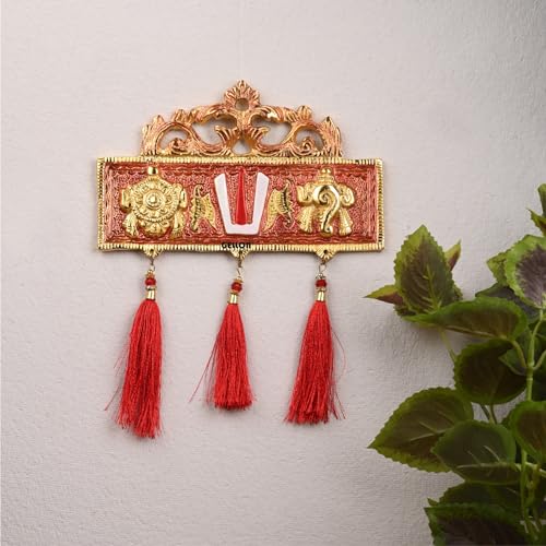 Gellon Tirupati Door/Wall Hanging Shankh Chakra Namah With Red Silk Latkan Copper Color Plating Antique Decorative For Home – Office – Room – Showpiece Figurines – Religious House Warming - Image 1