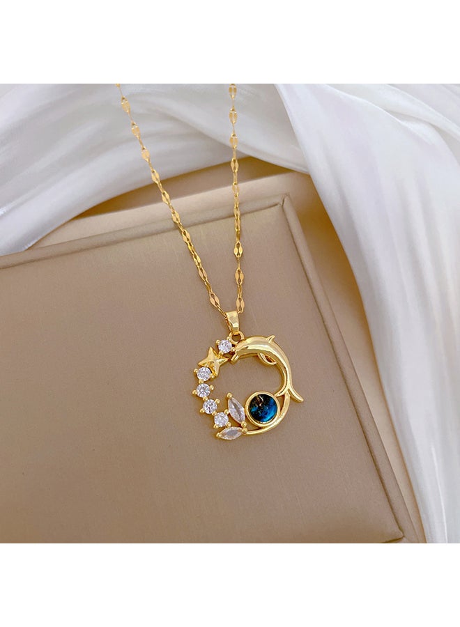 Enchanting Gold Tone Star and Moon Pendant Necklace with Blue Gemstone, Gold Plated Titanium Steel, Rhinestone Accents, Celestial Crescent Moon Design, Elegant and Mystical Style, Ideal for Evening Parties, Special Occasions, or Gifting, Exquisite Fashion Jewelry for Women