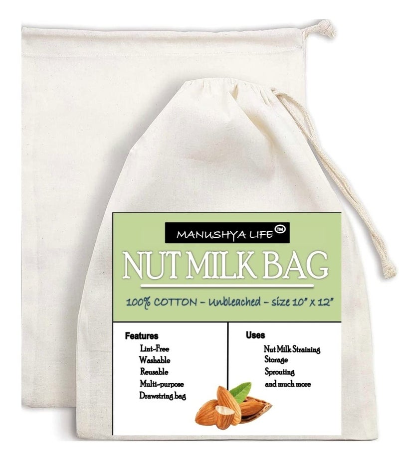 Manushya Life Manushya Life | Strainer for Juice, Yogurt, nut Milk | Cotton Drawstring Nut Milk Bag Unbleached (10”x12”) White Color- Pack of 4  - Image 1