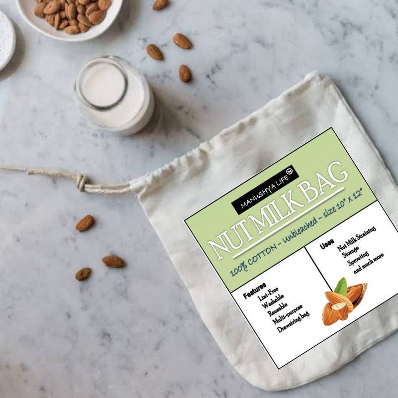 Manushya Life Manushya Life | Strainer for Juice, Yogurt, nut Milk | Cotton Drawstring Nut Milk Bag Unbleached (10”x12”) White Color- Pack of 4  - Image 2