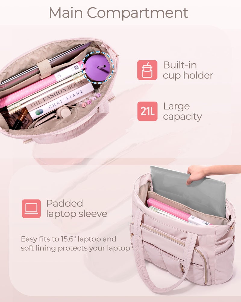 Marscamd Teacher Bag for Women with Accordion File Pockets & Crossbody Strap, Puffer Tote for Work with 15.6" Laptop Compartment, Pink - Image 4