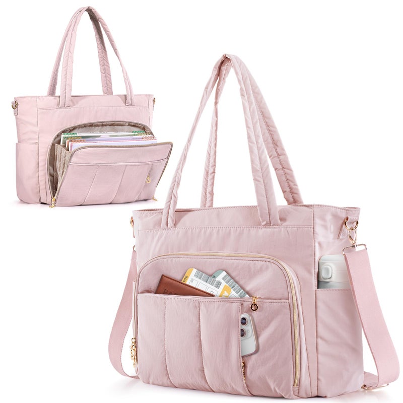 Marscamd Teacher Bag for Women with Accordion File Pockets & Crossbody Strap, Puffer Tote for Work with 15.6" Laptop Compartment, Pink - Image 1