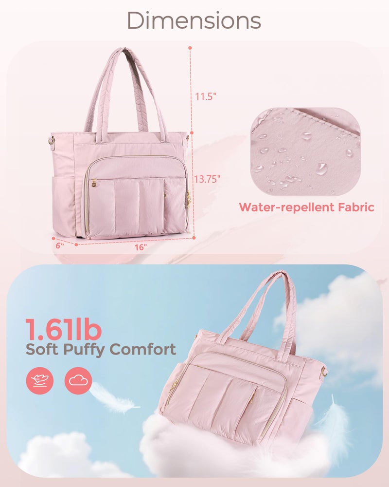 Marscamd Teacher Bag for Women with Accordion File Pockets & Crossbody Strap, Puffer Tote for Work with 15.6" Laptop Compartment, Pink - Image 5