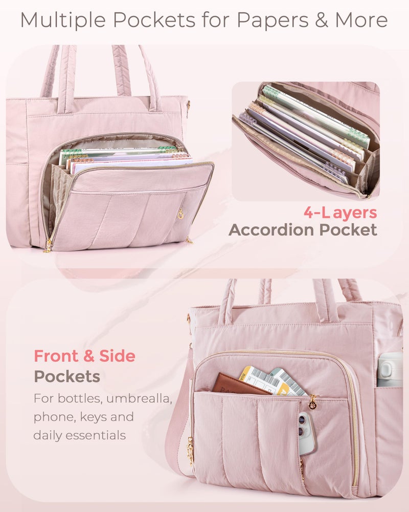 Marscamd Teacher Bag for Women with Accordion File Pockets & Crossbody Strap, Puffer Tote for Work with 15.6" Laptop Compartment, Pink - Image 3