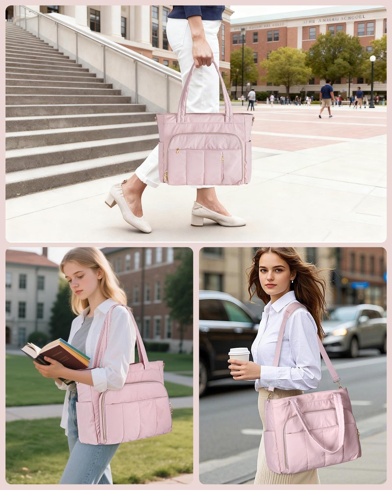 Marscamd Teacher Bag for Women with Accordion File Pockets & Crossbody Strap, Puffer Tote for Work with 15.6" Laptop Compartment, Pink - Image 2