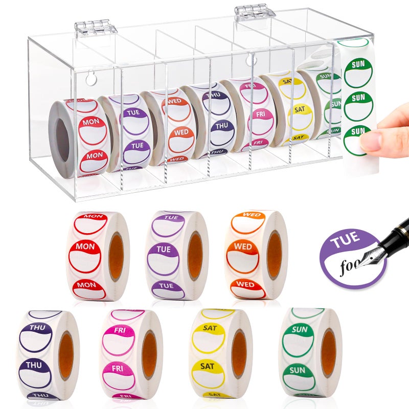 DLUGOPIS 3500 PCS 7 Days of The Week Stickers 1 Inch Sticker Roll Dispenser Holder Acrylic Day Dot Dispenser Food Date Labels Stickers Monday to Sunday for Kitchen Restaurant Expiration Date - Image 1