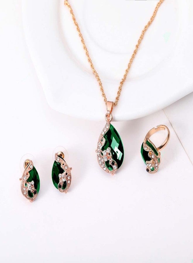 Ezing Women's Gold Plated Teardrop Crystal Necklace, Rings and Earrings Jewelry Set (green) - Image 3