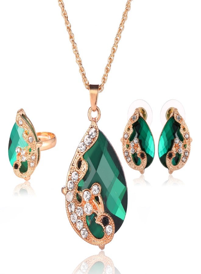 Ezing Women's Gold Plated Teardrop Crystal Necklace, Rings and Earrings Jewelry Set (green) - Image 1