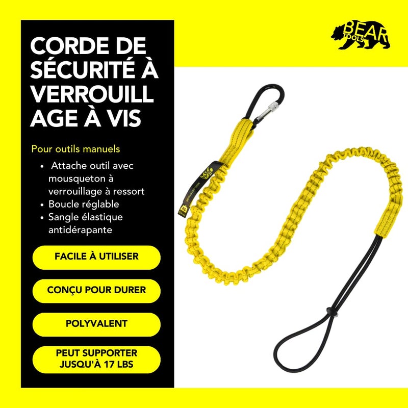 BearTOOLS Tool Lanyard with Buckle Strap – Clip Bungee Cord – Heavy Duty Screw Locking Carabiner – Fall Protection and Safety – Adjustable Loop End – Tough Tether – Construction - 0923YS (3 Pack) - Image 2