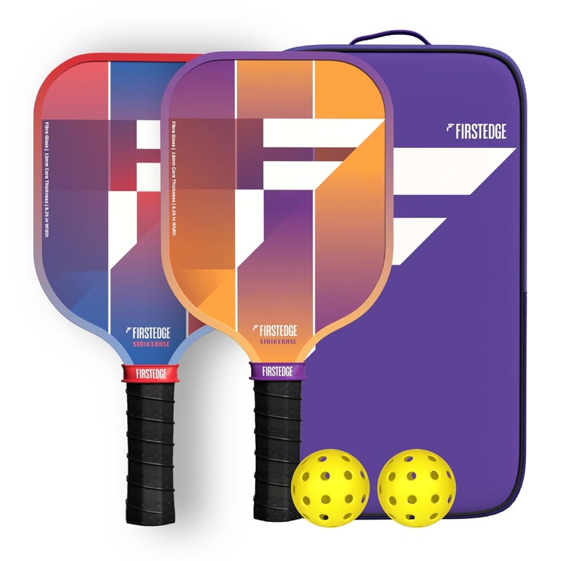 FIRSTEDGE StrikeBase Fibreglass Pickle Ball Rackets (Set of 2) | Wide Body Pickleball Paddle | Grit Painted Surface | Dual-Tone Edge Guard | Lightweight (Includes 2 Paddles 2 Balls & Cover) - Image 1
