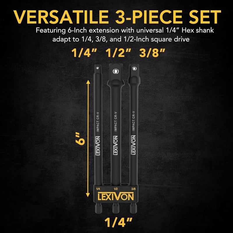 LEXIVON 6-Piece Impact Grade Socket Adapter Set - 3" & 6" Extension Bit With Holder | 1/4", 3/8", and 1/2" Drive, Adapt Your Power Drill To High Torque Impact Wrench (LX-105) - Image 4