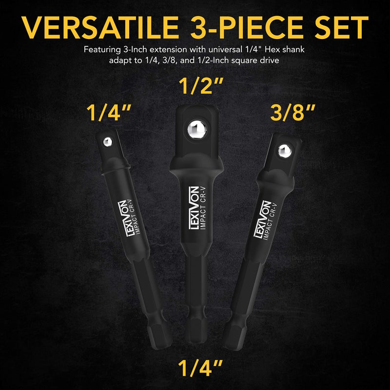 LEXIVON 6-Piece Impact Grade Socket Adapter Set - 3" & 6" Extension Bit With Holder | 1/4", 3/8", and 1/2" Drive, Adapt Your Power Drill To High Torque Impact Wrench (LX-105) - Image 3