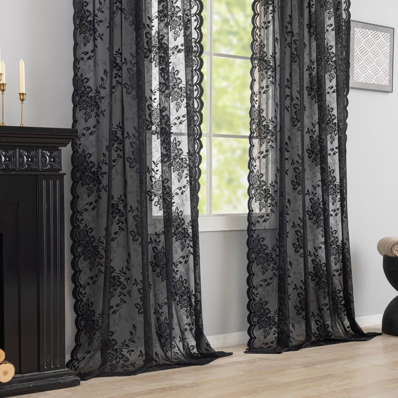 YJ YANJUN Black Lace Curtains Gothic -84 inches Long - Dark Academia Curtains for Living Room Bedroom , Victorian Floral, Sheer Light Filtering, 2 Panels, Rod Pocket, Goth Halloween Decor 52W x 84L Inch - Image 5