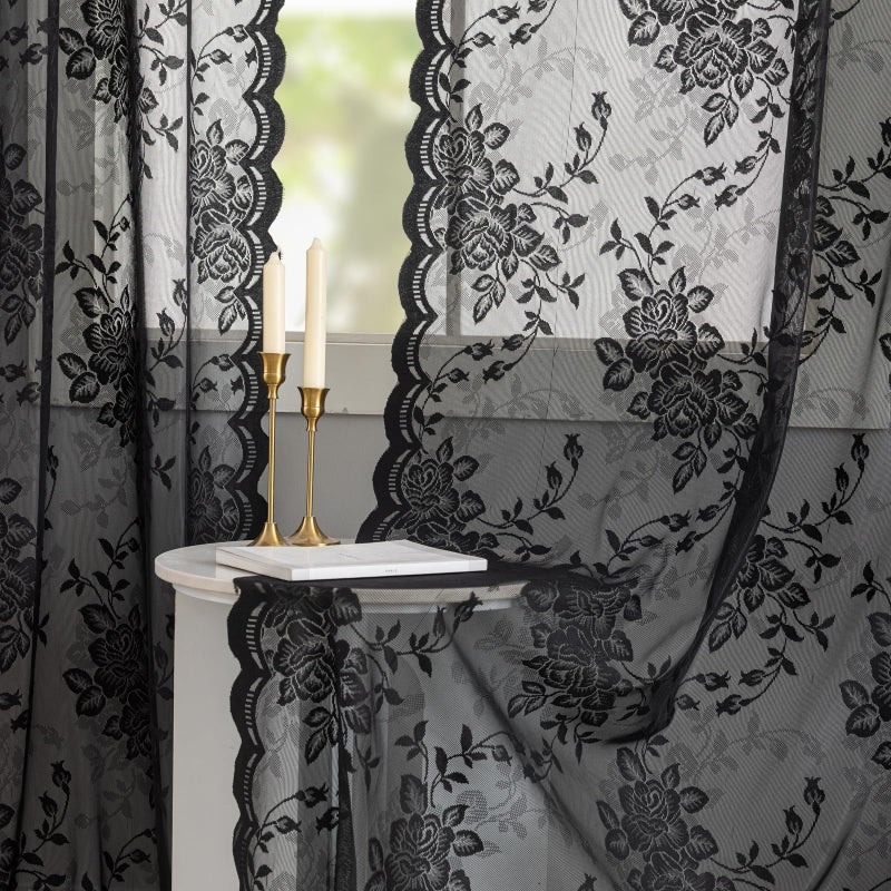 YJ YANJUN Black Lace Curtains Gothic -84 inches Long - Dark Academia Curtains for Living Room Bedroom , Victorian Floral, Sheer Light Filtering, 2 Panels, Rod Pocket, Goth Halloween Decor 52W x 84L Inch - Image 4