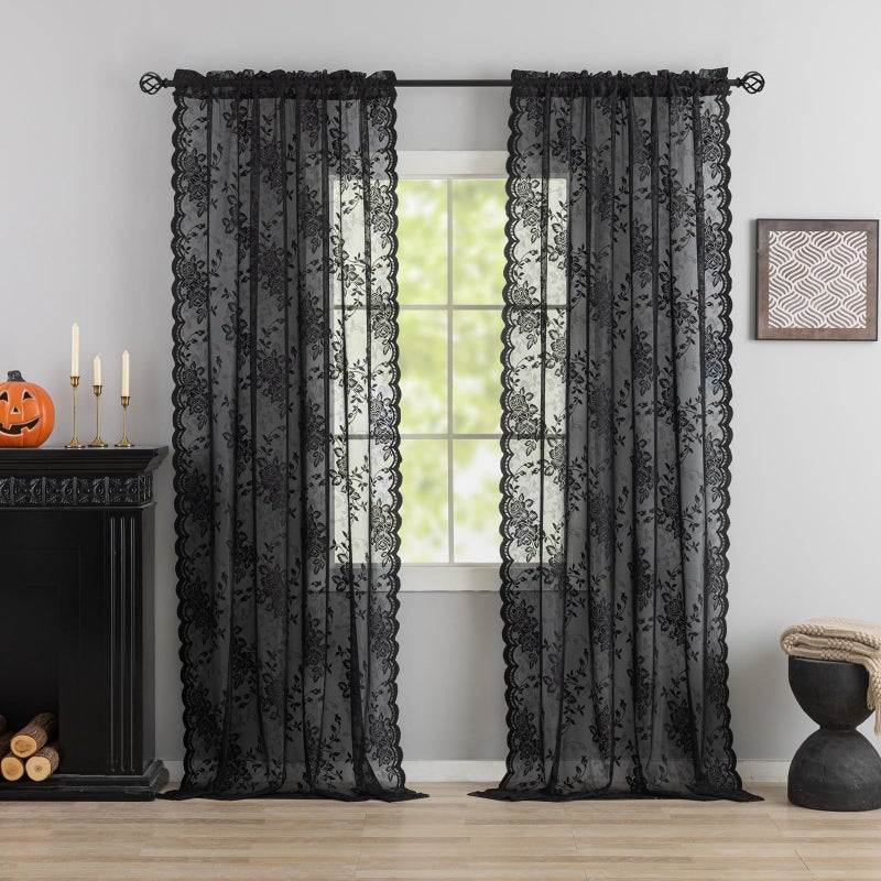 YJ YANJUN Black Lace Curtains Gothic -84 inches Long - Dark Academia Curtains for Living Room Bedroom , Victorian Floral, Sheer Light Filtering, 2 Panels, Rod Pocket, Goth Halloween Decor 52W x 84L Inch - Image 3