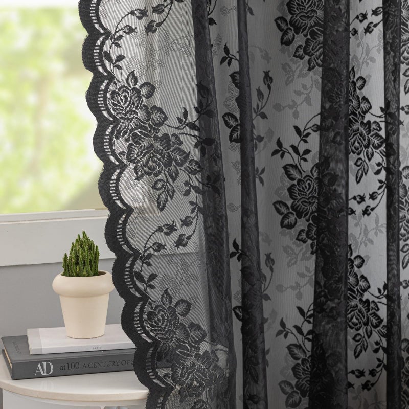 YJ YANJUN Black Lace Curtains Gothic -84 inches Long - Dark Academia Curtains for Living Room Bedroom , Victorian Floral, Sheer Light Filtering, 2 Panels, Rod Pocket, Goth Halloween Decor 52W x 84L Inch - Image 1