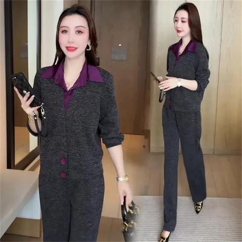 【Cardigan Design + Back Collar】Fake Two-Piece Casual Suit for Women 2025 Spring and Autumn New Style Shirt Collar for Moms - Image 5