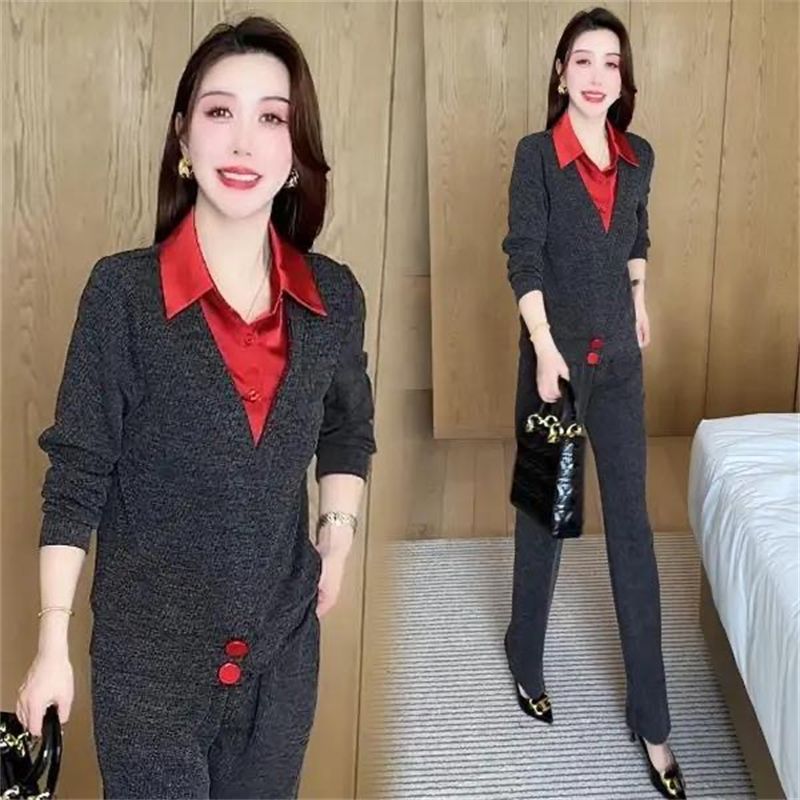 【Cardigan Design + Back Collar】Fake Two-Piece Casual Suit for Women 2025 Spring and Autumn New Style Shirt Collar for Moms - Image 4
