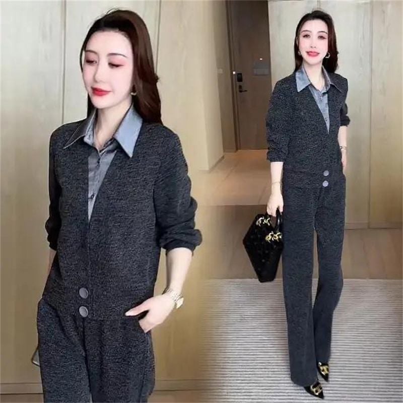 【Cardigan Design + Back Collar】Fake Two-Piece Casual Suit for Women 2025 Spring and Autumn New Style Shirt Collar for Moms - Image 2