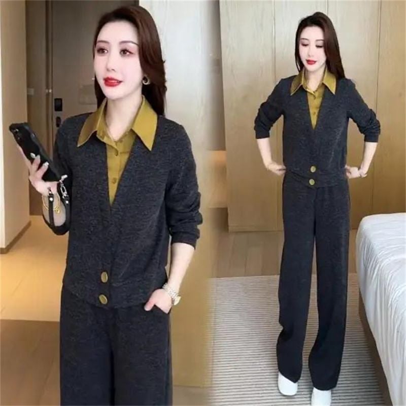 【Cardigan Design + Back Collar】Fake Two-Piece Casual Suit for Women 2025 Spring and Autumn New Style Shirt Collar for Moms - Image 3