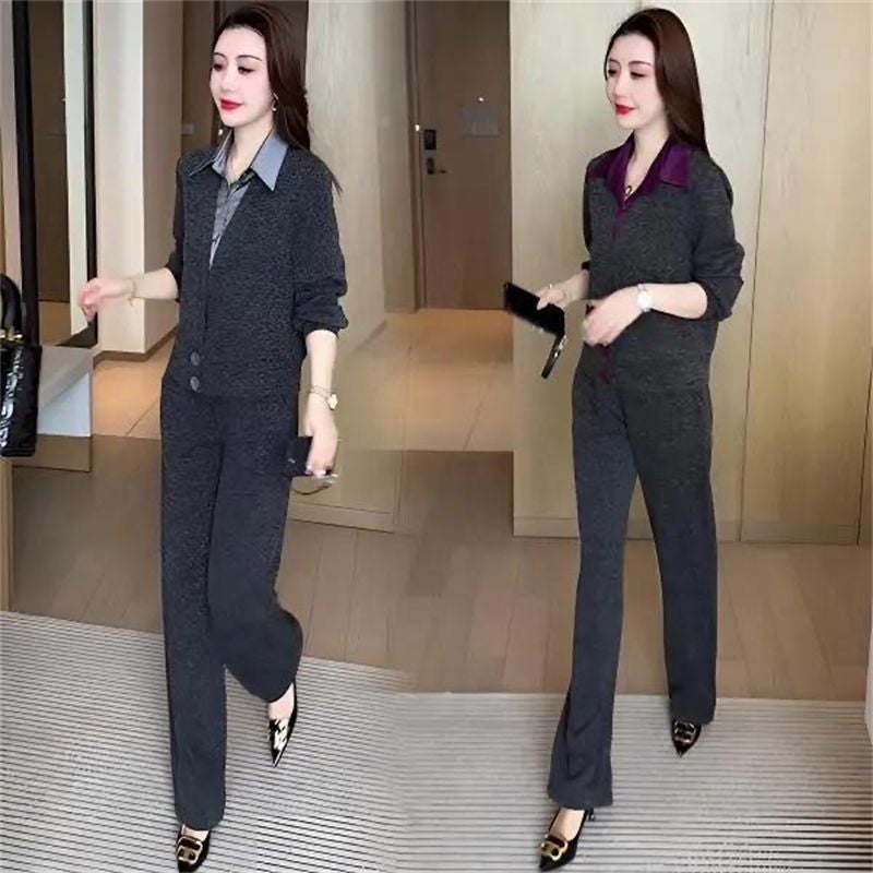 【Cardigan Design + Back Collar】Fake Two-Piece Casual Suit for Women 2025 Spring and Autumn New Style Shirt Collar for Moms - Image 1