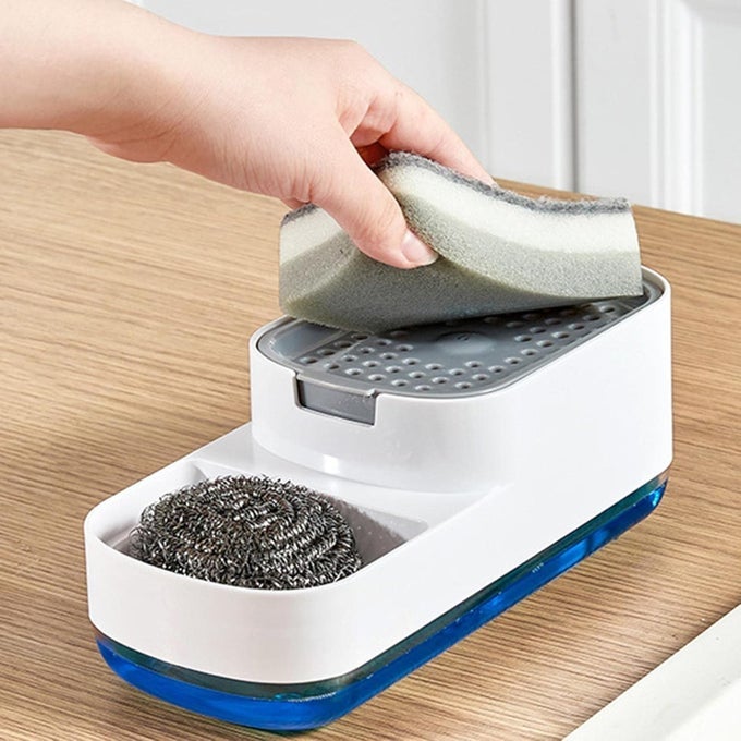 SPONGE SOAP DISPENSERSOAP DISPENSER WITH SPONGE HOLDER FOR KITCHEN SPACE SAVING 2 IN 1 KITCHEN ACCESSORIES FOR SPONGE WIPES BRUSHES DISHWASHING BALLS RAGS