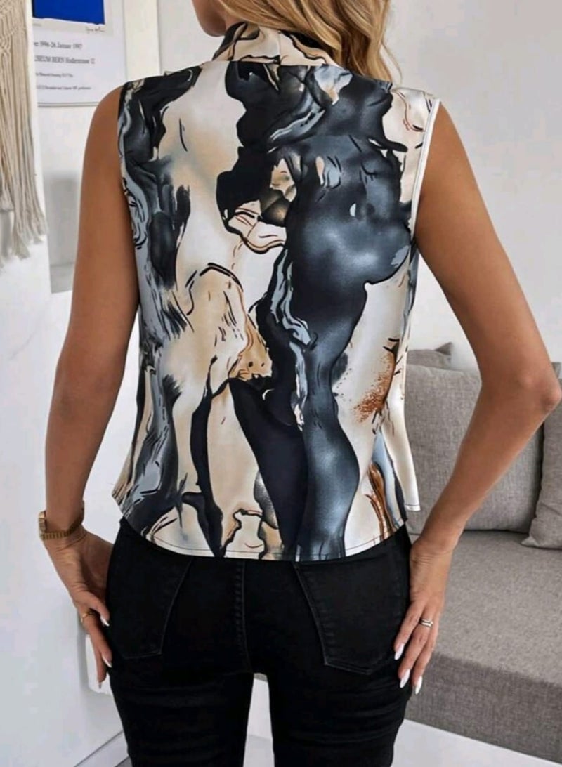 Shein SHEIN Clasi Women's Elegant Marble Printed Sleeveless Ruched Blouse  - Image 4