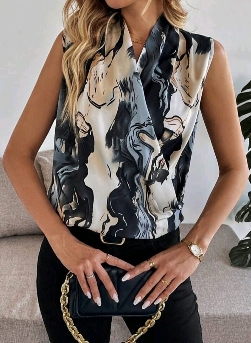 Shein SHEIN Clasi Women's Elegant Marble Printed Sleeveless Ruched Blouse  - Image 5
