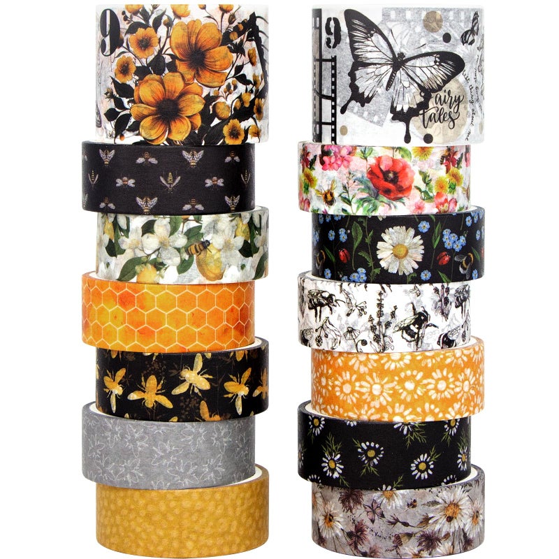 KOVANO Washi Tape Set 14 Rolls, Vintage Bee Floral Butterfly Botanical Washi Tape, Yellow Black Decorative Tapes for Scrapbooking Supplies, Junk Journal, Bullet Journaling, Art Crafts - Image 1