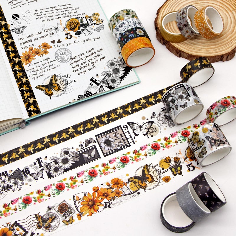 KOVANO Washi Tape Set 14 Rolls, Vintage Bee Floral Butterfly Botanical Washi Tape, Yellow Black Decorative Tapes for Scrapbooking Supplies, Junk Journal, Bullet Journaling, Art Crafts - Image 3