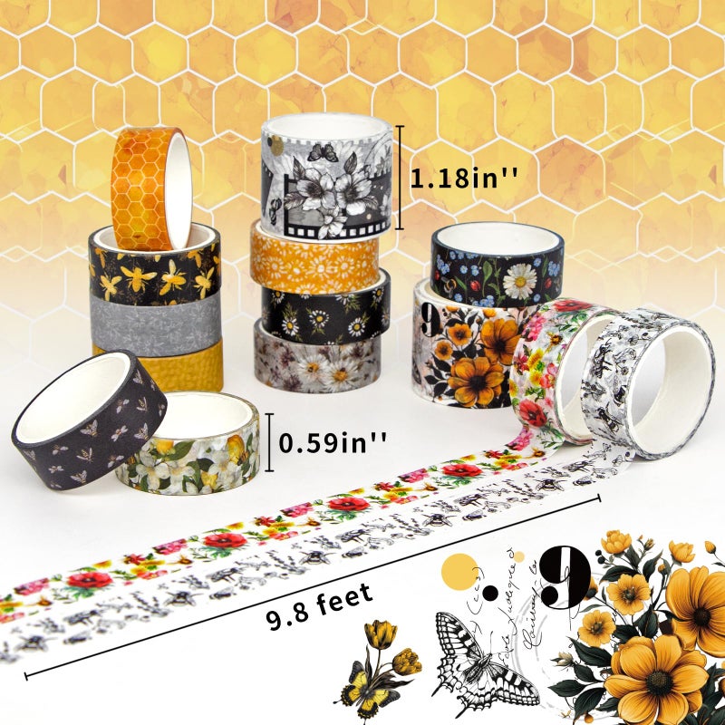 KOVANO Washi Tape Set 14 Rolls, Vintage Bee Floral Butterfly Botanical Washi Tape, Yellow Black Decorative Tapes for Scrapbooking Supplies, Junk Journal, Bullet Journaling, Art Crafts - Image 2