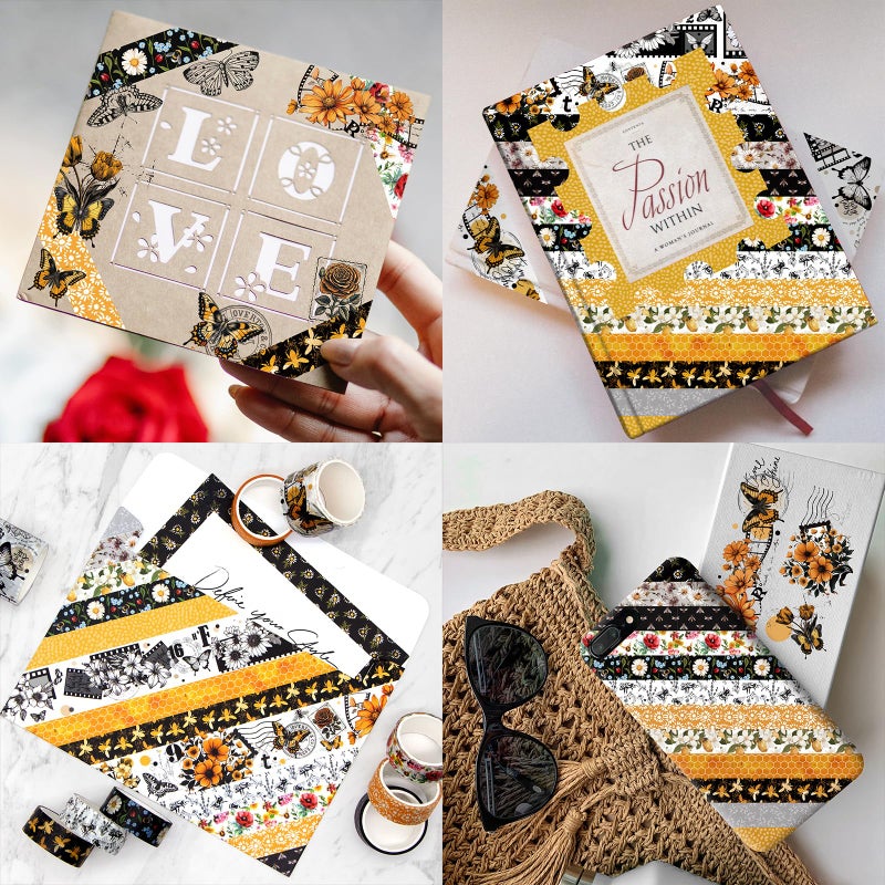 KOVANO Washi Tape Set 14 Rolls, Vintage Bee Floral Butterfly Botanical Washi Tape, Yellow Black Decorative Tapes for Scrapbooking Supplies, Junk Journal, Bullet Journaling, Art Crafts - Image 4