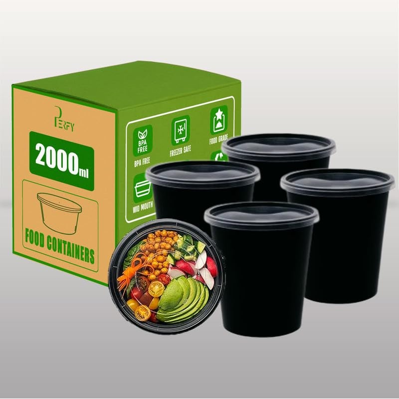 Perfy 2000ml Round Reusable Plastic Food Storage Containers With Lids 25PackMicrowave SafeIdeal For Kitchen StorageFood PackingBlack - Image 1