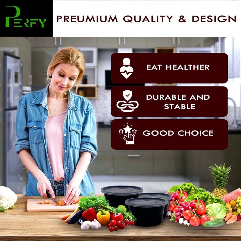 Perfy 2000ml Round Reusable Plastic Food Storage Containers With Lids 25PackMicrowave SafeIdeal For Kitchen StorageFood PackingBlack - Image 2