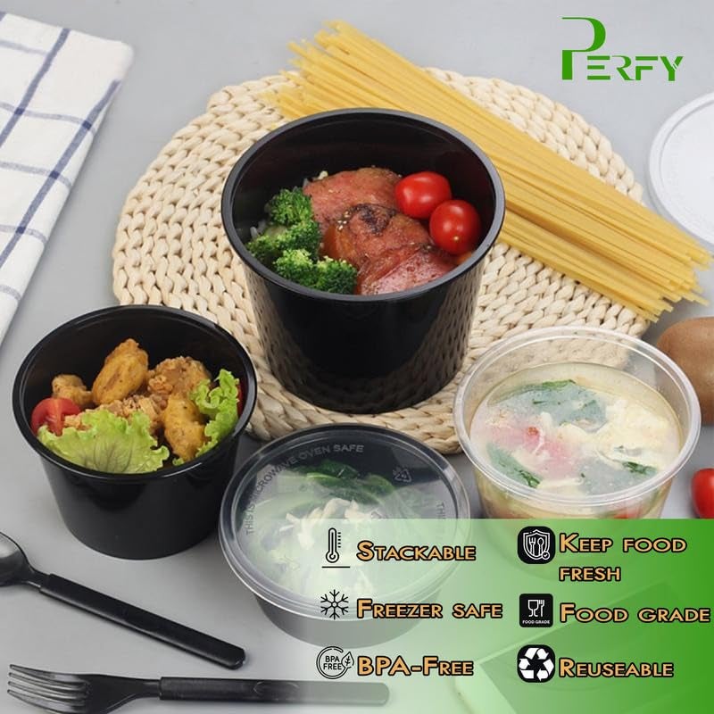 Perfy 2000ml Round Reusable Plastic Food Storage Containers With Lids 25PackMicrowave SafeIdeal For Kitchen StorageFood PackingBlack - Image 4