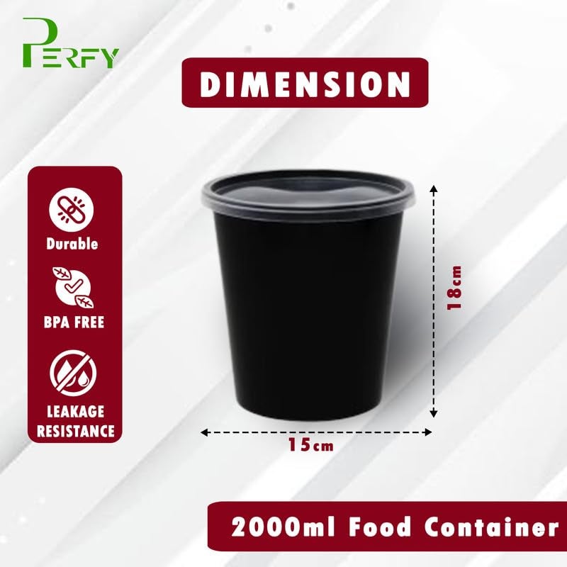 Perfy 2000ml Round Reusable Plastic Food Storage Containers With Lids 25PackMicrowave SafeIdeal For Kitchen StorageFood PackingBlack - Image 3