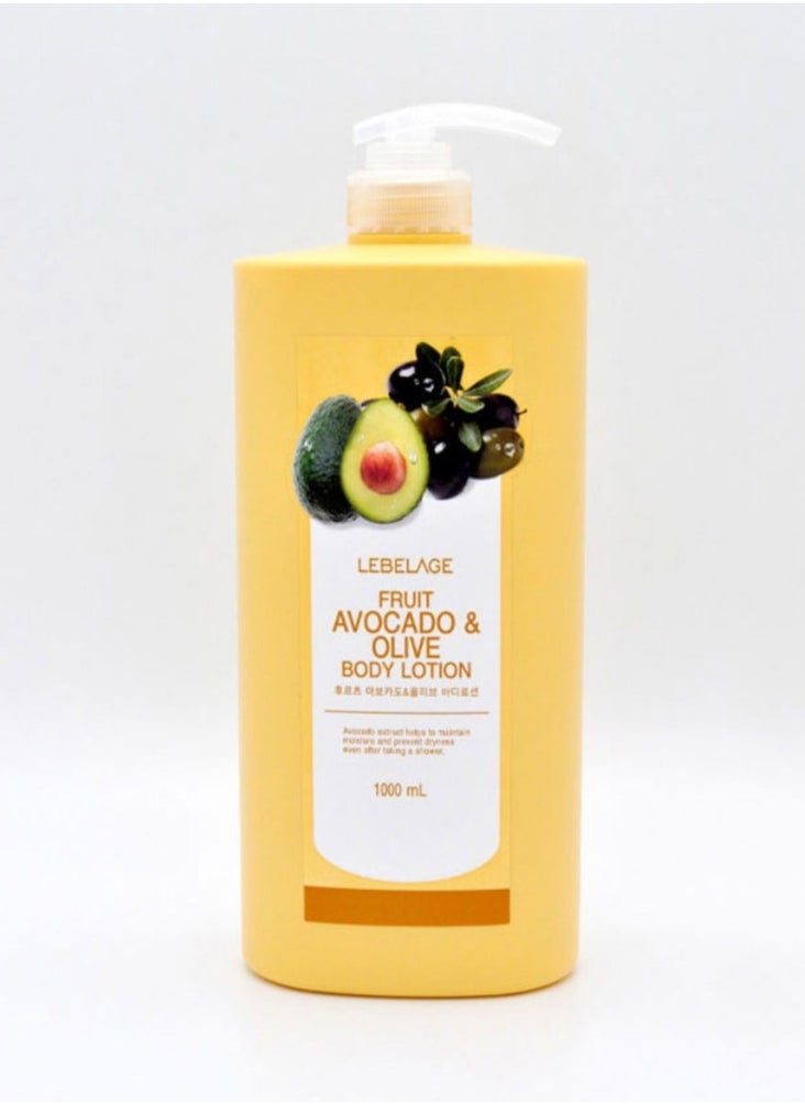 Lebelage Korean product LEBELAGE FRUIT AVOCADO & OLIVE BODY LOTION Avocado extract helps to maintain. moisture and prevent dryness even after taking a shower 1000 mL/33.81 fl.oz.  - Image 1