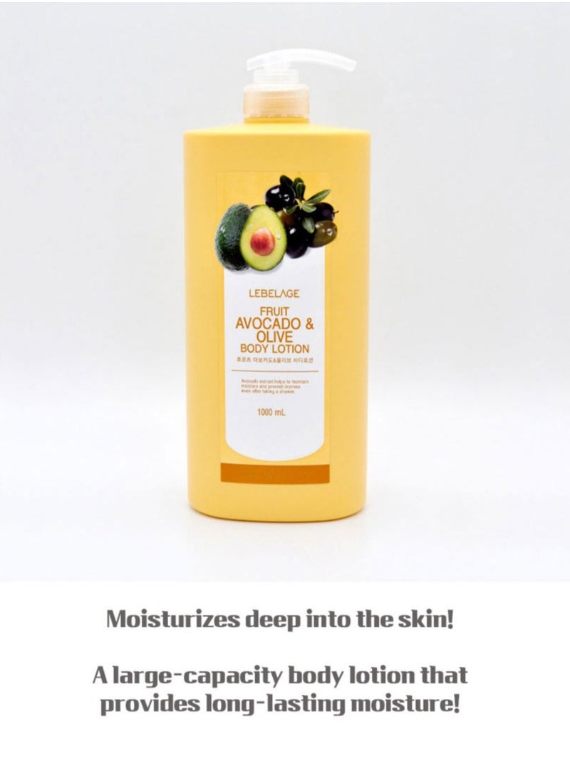 Lebelage Korean product LEBELAGE FRUIT AVOCADO & OLIVE BODY LOTION Avocado extract helps to maintain. moisture and prevent dryness even after taking a shower 1000 mL/33.81 fl.oz.  - Image 2