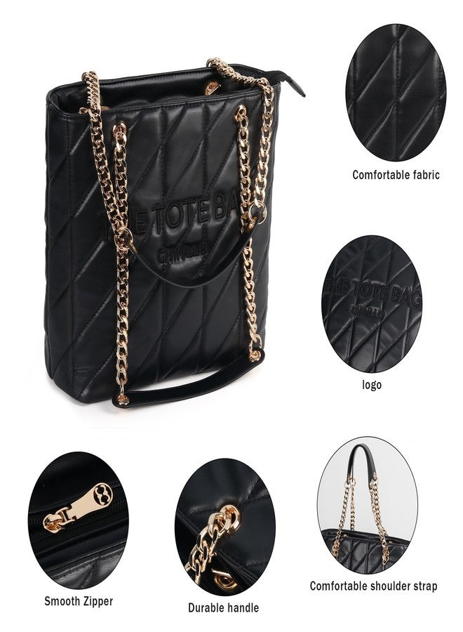 Chinllo Tote Bag for Women, Medium Top Handle Handbags Purse, Black-quilted, Large - Image 4
