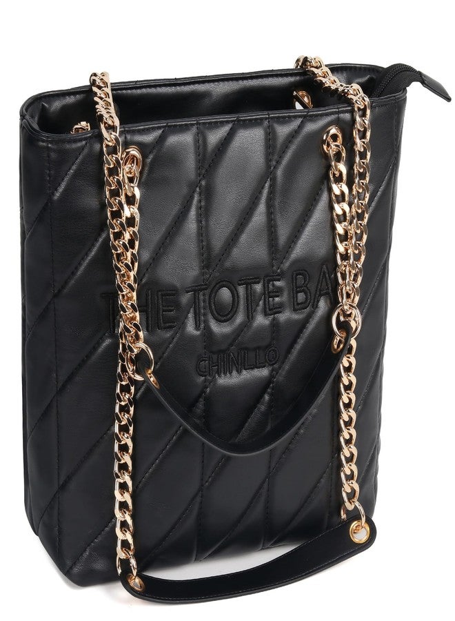 Chinllo Tote Bag for Women, Medium Top Handle Handbags Purse, Black-quilted, Large - Image 1