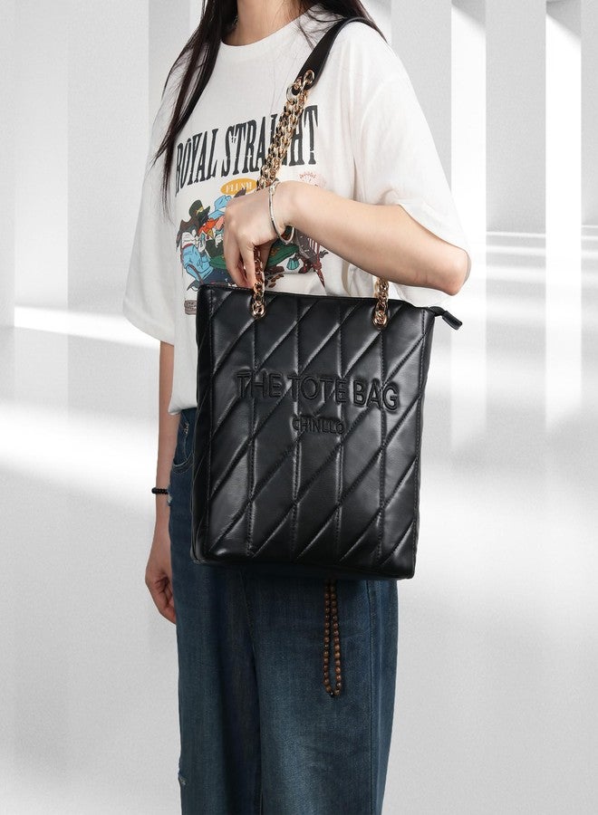 Chinllo Tote Bag for Women, Medium Top Handle Handbags Purse, Black-quilted, Large - Image 2
