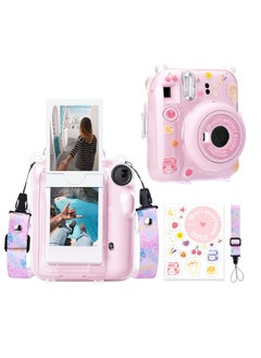 Mmmon Clear Case Compatible with Fuji Instax Mini 12/Polaroid Mini 12 Camera,Hard PVC Mini 12 Case with Photos Pocket(Store 10 Photos)with Shoulder Strap and Camera Sticker(Pink)  - Image 1