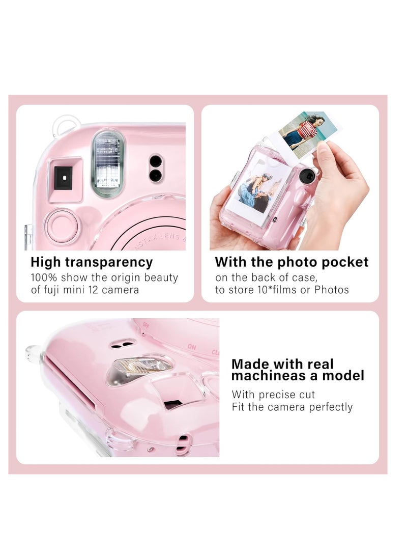 Mmmon - Clear Case Compatible with Fuji Instax Mini 12/Polaroid Mini 12 Camera,Hard PVC Mini 12 Case with Photos Pocket(Store 10 Photos)with Shoulder Strap and Camera Sticker(Pink) - Image 1