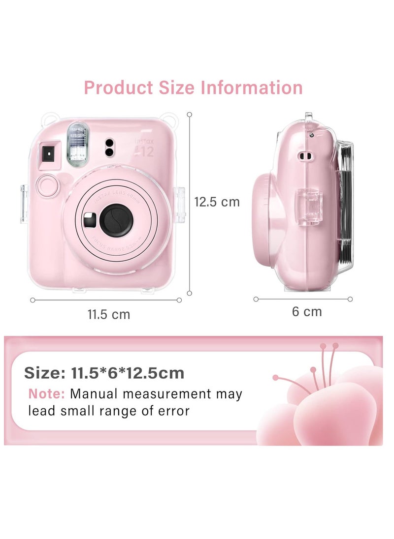 Mmmon - Clear Case Compatible with Fuji Instax Mini 12/Polaroid Mini 12 Camera,Hard PVC Mini 12 Case with Photos Pocket(Store 10 Photos)with Shoulder Strap and Camera Sticker(Pink) - Image 1