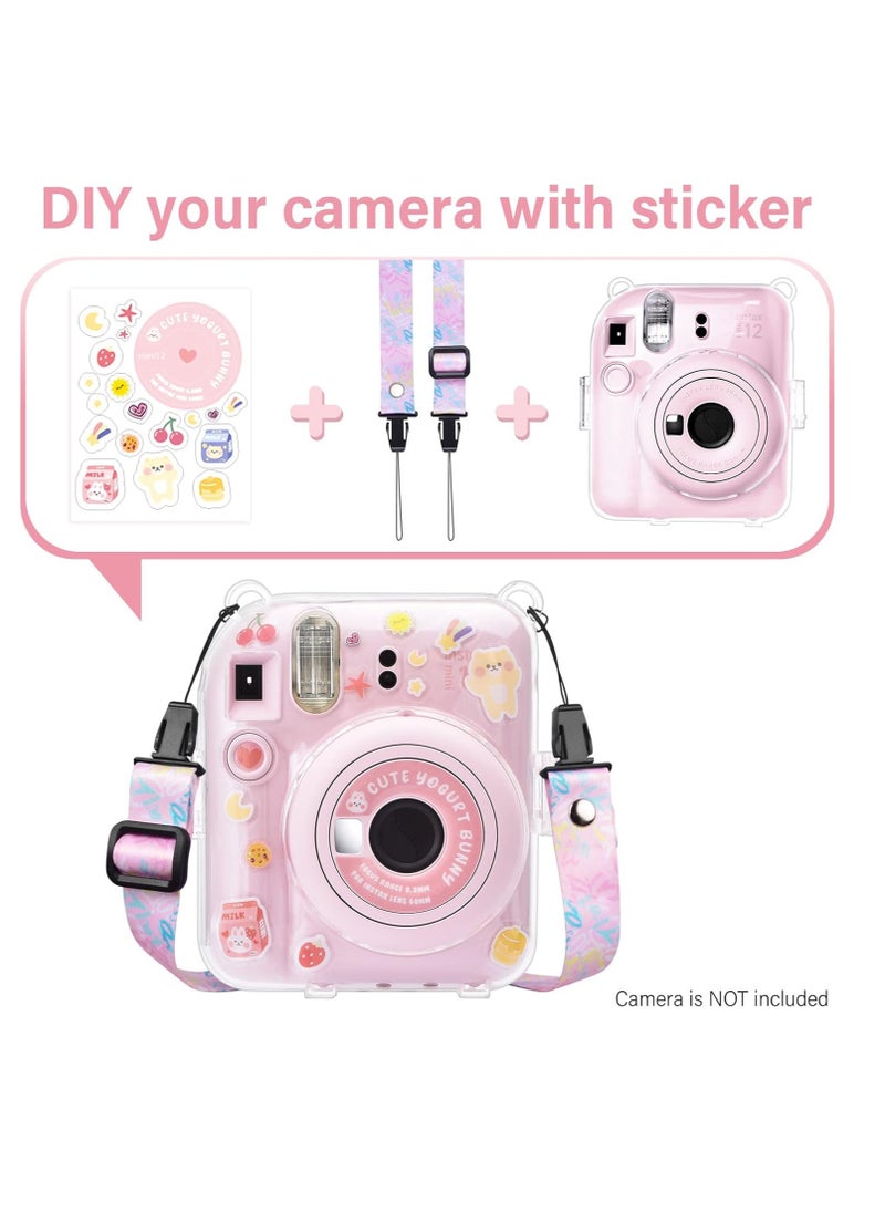 Mmmon - Clear Case Compatible with Fuji Instax Mini 12/Polaroid Mini 12 Camera,Hard PVC Mini 12 Case with Photos Pocket(Store 10 Photos)with Shoulder Strap and Camera Sticker(Pink) - Image 1